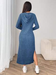 Muchica Navy Blue Ribbed Turtleneck Midi Bodycon Dress For Women - Royal Blue - View 2