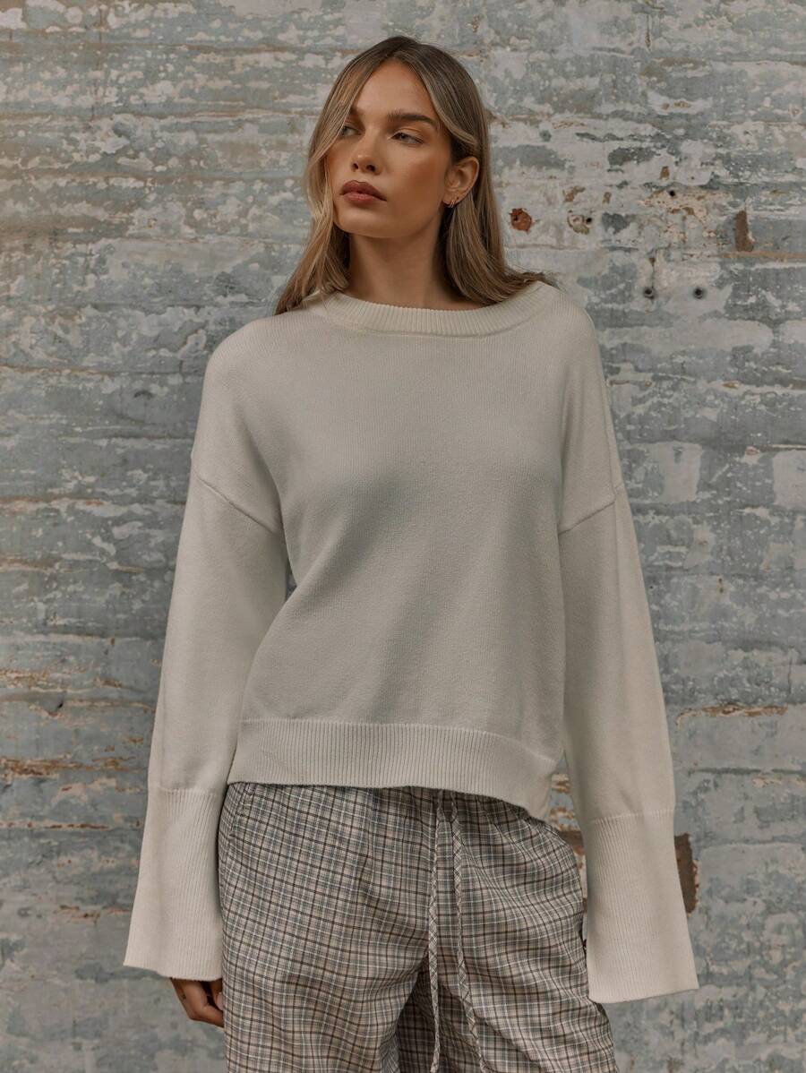 MUSERA 宽松圆领落肩长袖针织套头衫 - 杏色 - 查看 1