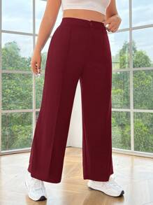 SHEIN EZwear Plus Size Burgundy Comfortable Knitted Straight-Leg Pants For Women, Casual Daily Wear