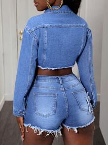 SHEIN Slayr Fashionable Personalized Women Fringe Hem Tie Denim Jacket - Medium Wash - View 2