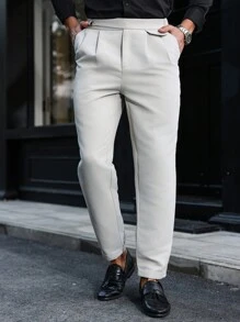 Manfinity Mode Men's Plain Button Pocket Pleated Casual Pants, Basic Everyday Wear - Beige - View 8