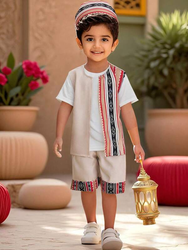 SHEIN Young Boys 3pcs/Set Colorblock Striped Vest, Shorts And Hat Outfit