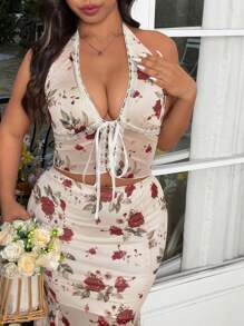 SHEIN Clasi Bộ trang phục 2 món thời trang mới mẻ họa tiết hoa cho kỳ nghỉ cỡ lớn dành cho nữ - Áo crop top dây mảnh lưới gợi cảm và chân váy maxi đuôi cá cạp cao - Nhiều màu - Xem 6