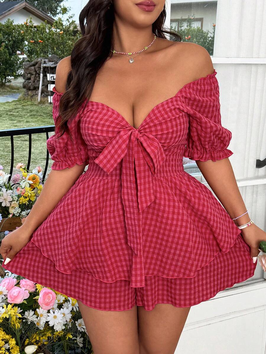 Flirla 大码时尚紫红色格子蝴蝶结可爱收腰连体裤，适合日常穿着，返校，V 领，可爱，夏季 - 玫紅色 - 查看 1