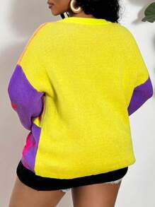 Slaydiva Plus Size Women Colorblock Striped & Star Pattern Sweater, Casual Autumn/Winter - Multicolor - View 2