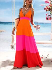 Vivid Eden 编织色块 V 领女式长裙春夏装、夏装、情人节、女士度假装、女士沙滩装、节日、浪漫优雅服装、波西米亚风、波西米亚风、甜美、狂欢节装扮、热带度假女装、狂欢节、女士夏装 - 橘色 - 查看 5