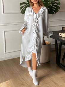 DAZY Mid-Length Satin Ruffle Hem Ladies Nightgown Pajama - Light Grey - View 3