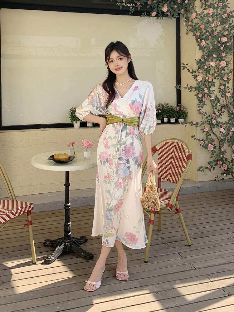 Women's Elegant Floral Print Cross V-Neck Twist Waist Slim Midi Dress, Summer French Style Boho