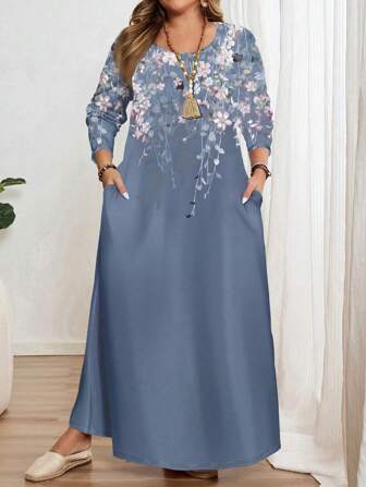 Mellowie Plus Size Casual Minimalist Purple Floral Print Long Sleeve Round Neck Dress, Suitable For Autumn/Winter Chic Dress