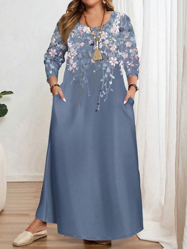 EMERY ROSE Plus Size Casual Minimalist Purple Floral Print Long Sleeve Round Neck Dress, Suitable For Autumn/Winter