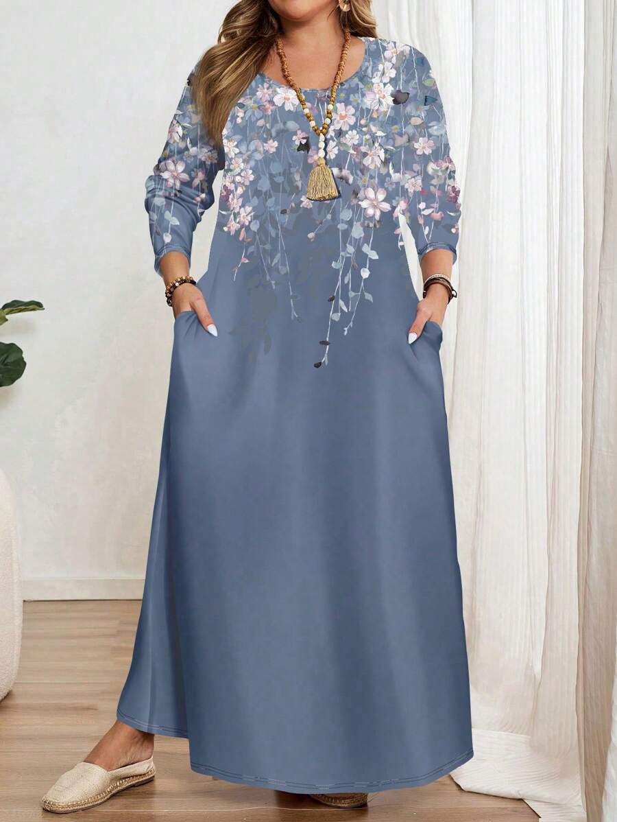 Mellowie 大码休闲简约紫色花卉印花长袖圆领连衣裙，适合秋冬季