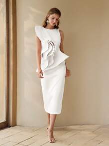 MOTF PREMIUM EXAGGERATE RUFFLE TRIM DRESS WOMEN MIDI DRESSES ELEGANT ELEGANT - White - View 6