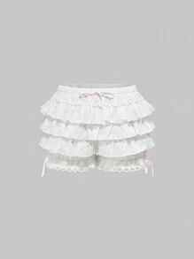 ROMWE Kawaii Plus Size Front Tie Ruffle Hem Casual Shorts, Suitable For Leisure & Holiday - White - View 1