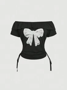 SHEIN MOD Große Größen Schwarz Kurzarm T-Shirt mit Schulterausschnitt und Schmetterlings-Muster, Schleife, Off-Shoulder Urlaubsoutfit, Sexy Off-Shoulder Design, Spitze