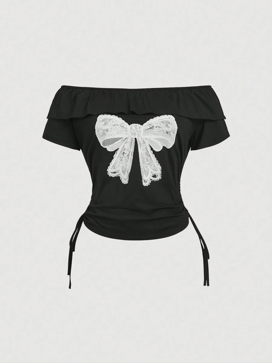 SHEIN MOD Große Größen Schwarz Kurzarm T-Shirt mit Schulterausschnitt und Schmetterlings-Muster, Schleife, Off-Shoulder Urlaubsoutfit, Sexy Off-Shoulder Design, Spitze