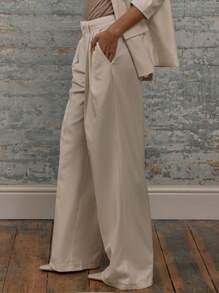 MUSERA 阔腿中腰褶裥修身西裤，带腰带环，尽显老钱优雅气质 - 杏色 - 查看 3