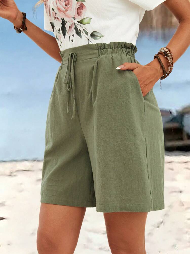 Women Loose Solid Color Lace Trim Casual Shorts For Summer,Vacation