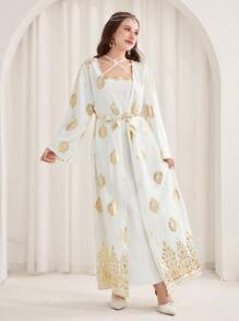 SHEIN 少女编织金色印花吊带连衣裙套装，带花卉图案服装，传统服装，白色和金色两件套 - 白色 - 查看 4