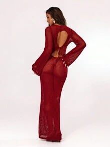 SHEIN BAE 女士纯色圆领长袖简约镂空透明休闲毛衣连衣裙