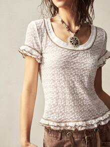 Bohemela Boho Solid Color Knitted Crew Neck Short Sleeve Fitted Women T-Shirt