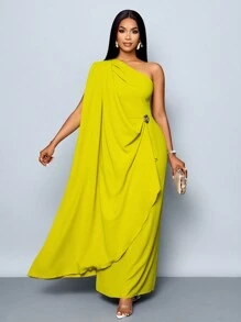 SOLERSUN 女士时尚优雅垂坠单肩长裙，配金色饰边细节 - 綠色 - 查看 6