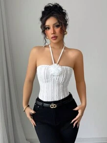 Chiquease Pure Sensuality Halter Neck Lace-Up Sexy 3D Floral Textured Bodysuit