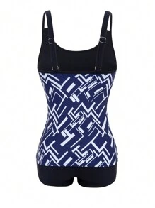 SHEIN Swim Women's Geometric Print Casual Spaghetti Strap Swim Dress For Summer Beach Vacation - Multicolor - View 2