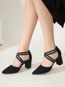 CUCCOO CHICEST 女士时尚黑色天鹅绒弹力带尖头粗高跟鞋，适合办公室、约会、派对、婚礼、节日 - 黑色 - 查看 4