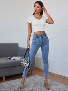 SHEIN EZwear Women's Solid Color V-Neck Short Sleeve Slim Rib Knit T-Shirt