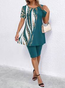 SHEIN LUNE Plus Size Vrouwen Luipaard Print Ronde Hals Korte Mouw Top + Shorts 2 Stuks Set