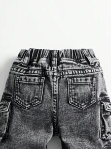 Pantalons en jean lavés pour garçons bébé, à poches cargo, avec taille élastique, décontractés et polyvalents, ourlet retroussé