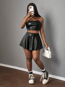 Slaydiva 新款春夏休闲街头性感交叉挂脖吊带短背心+伞裙A字摆裙黑PU女两件套-B