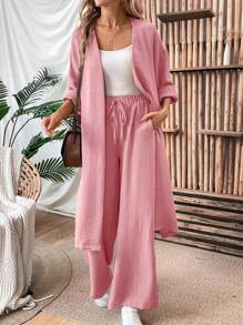 Chiquease 2 件套女士亚麻宽松休闲套装，包括超大长夹克和宽松长裤，秋季 - 粉色 - 查看 5