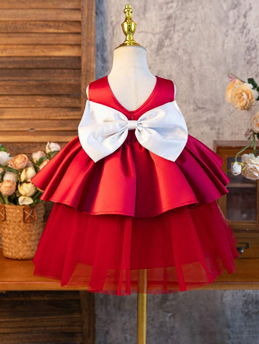 Valentine's Day Holiday Infant Girls Romanic Ruffled No-Sleeve Dress With Bow Accent, Suitable For Party, New Year, Spring Season - Burgundy - View 1