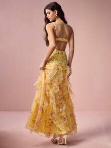 Enchnt 春夏浪漫女士黄色花卉印花细肩带欧根纱开衩连衣裙，甜美优雅性感太阳裙，适合婚礼季节、节日、度假、甜蜜约会和毕业季节，女士夏季服装，优雅连衣裙 - 黃色 - 查看 7