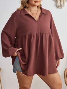 SHEIN CURVE+ 大码深红色 V 领垂坠宽松长袖衬衫，休闲衬衫，适合海滩度假 - 紅木色 - 查看 10