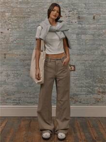 MUSERA Cropped Contrast Trim Ribbed Fitted T-Shirt Casual Summer Vacation Spring Summer Fall - Cream - View 4