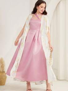 SHEIN Teen Girls Wedding Satin, Vintage, Boho/Luxury, Elegant, Gold White, Hot Stamp, Cover Up, Pink, Cute, Sweet, Dress, 2 Pieces Set