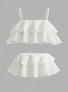 SHEIN Tween Girls Textured Multi-Layer Ruffle Trim Cami Bikini Set, Bikini Set Skirt Summer Beach, Beach Vacation Wear - Beige - View 3