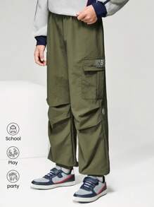 Back-To-School Tween Boy Olive Green Baggy Cargo Pants,Summer School Casual Elastic Waist 3M Reflective Letter Print Loose Wide Leg Jogger Pants - Army Green - View 1