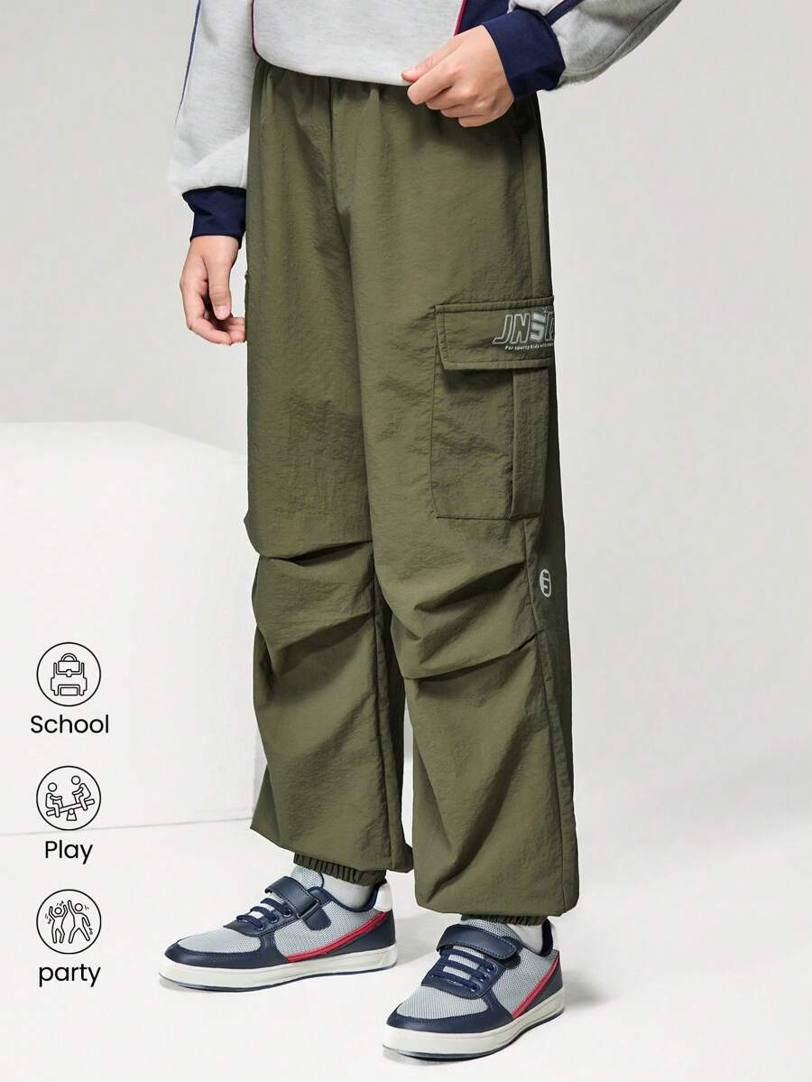 Back-To-School Tween Boy Olive Green Baggy Cargo Pants,Summer School Casual Elastic Waist 3M Reflective Letter Print Loose Wide Leg Jogger Pants - Army Green - View 1