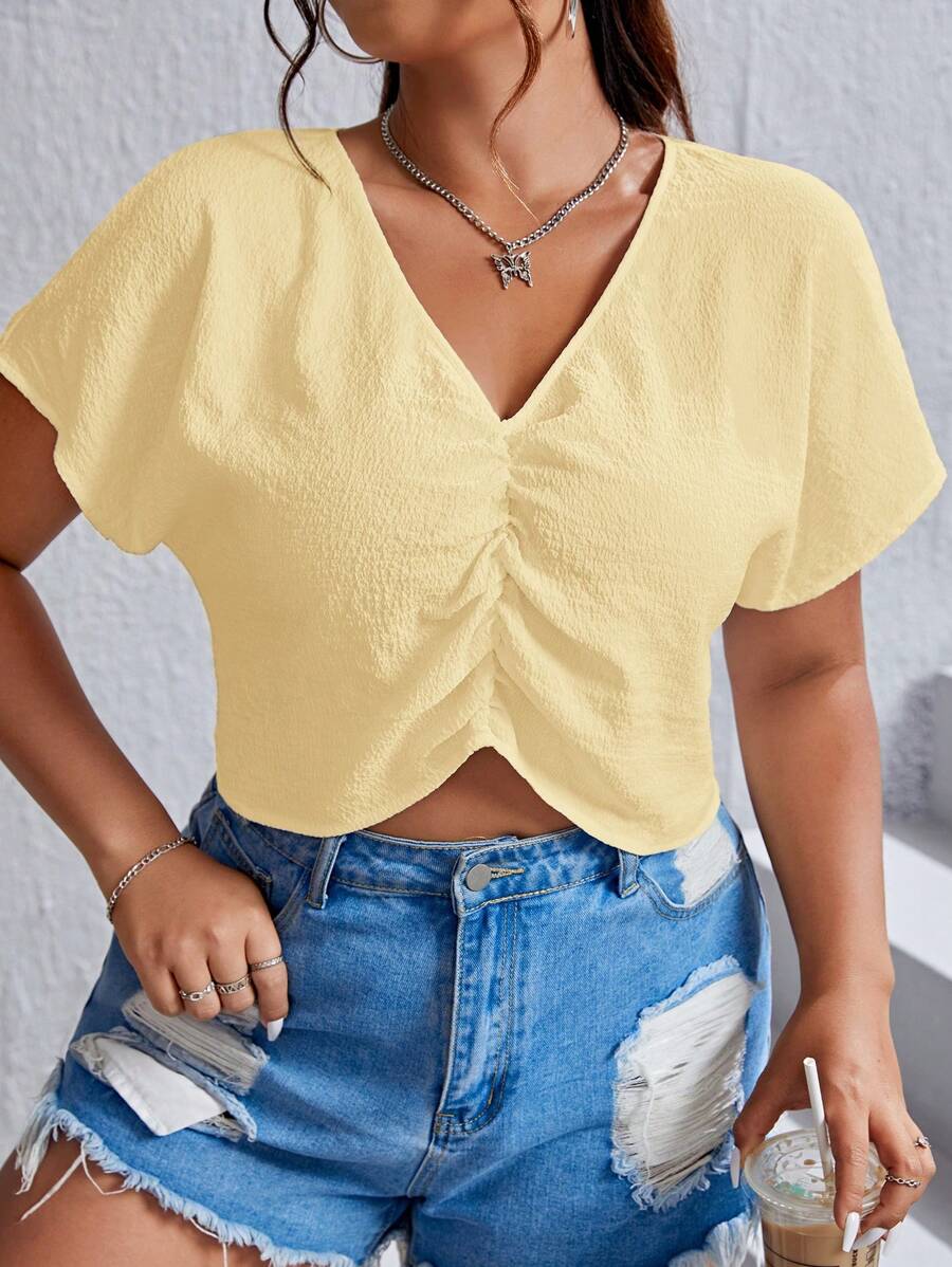SHEIN EZwear Plus Size Summer Casual Solid Color Batwing Sleeve Cropped Shirt - Yellow - View 1