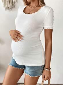 SHEIN T-shirt casual ajusté à manches courtes avec bordure en dentelle, pour femmes enceintes