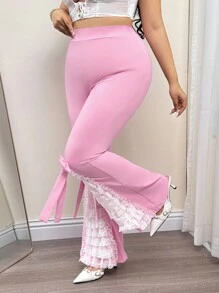 SHEIN ICON High Waist Split Lace Tiered Patchwork Bow Decor Bodycon Flared Wide Leg Pants