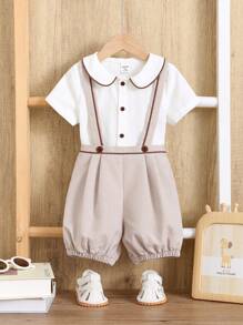 2 pièces Ensemble de chemise à col Peter Pan mignon et salopette pour bébé garçon/fille. Tenue de gentilhomme, convient pour un anniversaire, une occasion, un mariage, un baptême, une célébration du 1er anniversaire, une baby shower - Multicolore - Voir 4