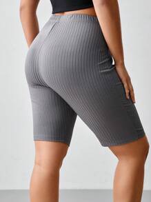 SHEIN BASICS Casual Solid Color Knitted Fitted Plus Size Shorts - Dark Grey - View 2