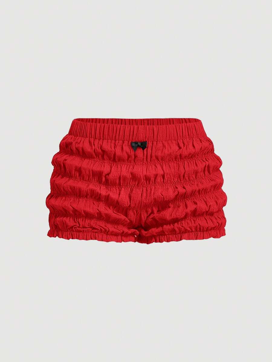 SHEIN MOD Quần short siêu ngắn xếp ly kiểu Kawaii mùa hè dành cho nữ, quần short ống rộng, trang phục quỷ, trang phục gợi cảm, dành cho nữ. - Đỏ - Xem 1