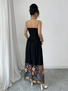 SHEIN Unity 女士花卉刺绣抹胸长裙，休闲简约 - 黑色 - 查看 2