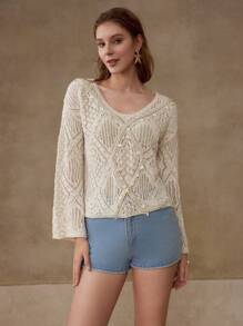 MOTF PREMIUM OPEN KNIT FLARE SLEEVE TOP - Apricot - View 4