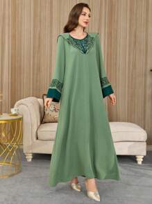 Al Najma Vestido árabe de manga larga con capucha, con bordado floral y contraste de color, modesto - Verde - Ver 7